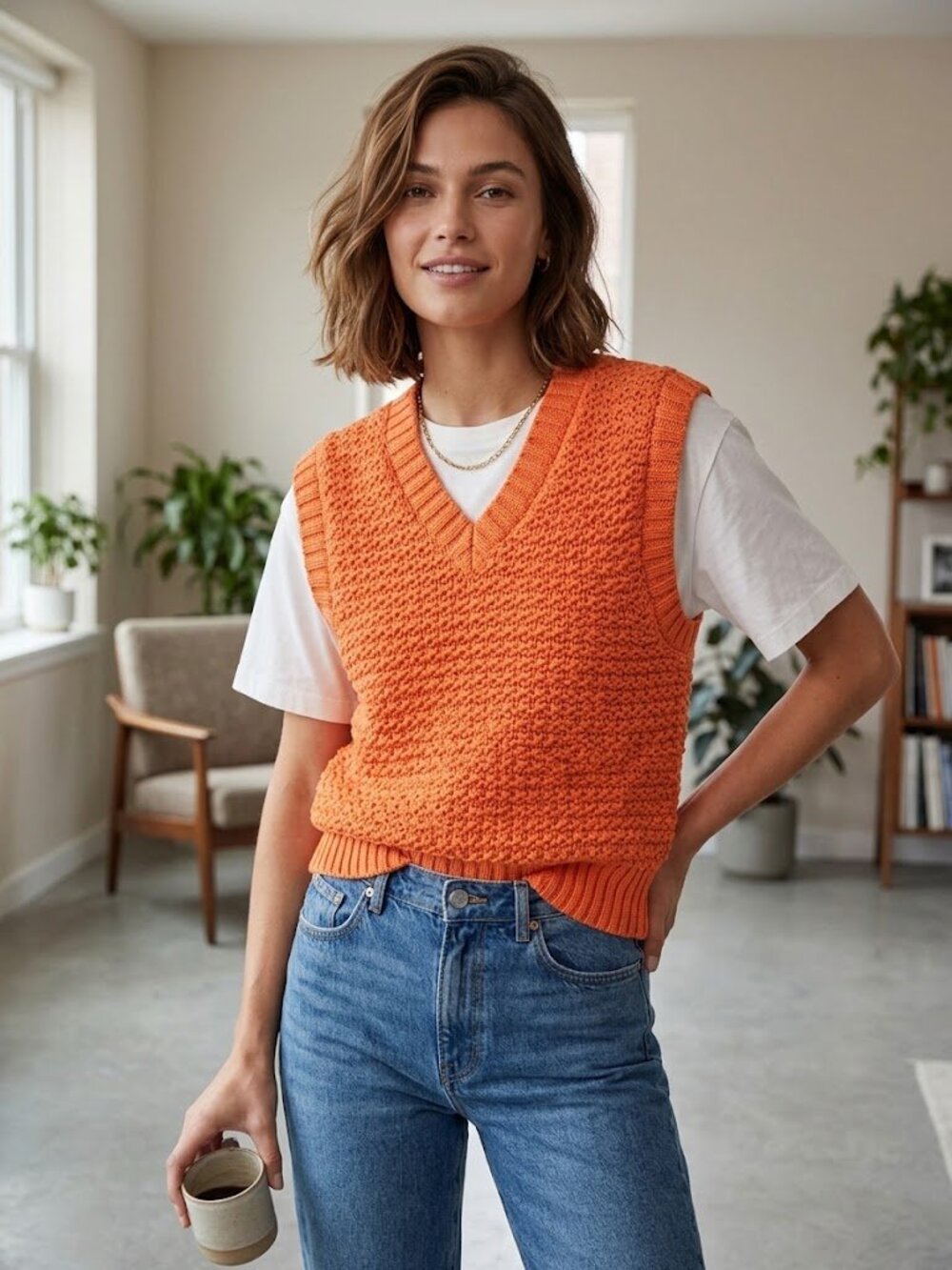 Varley Bright Orange Textured Knit V-Neck Sweater Vest